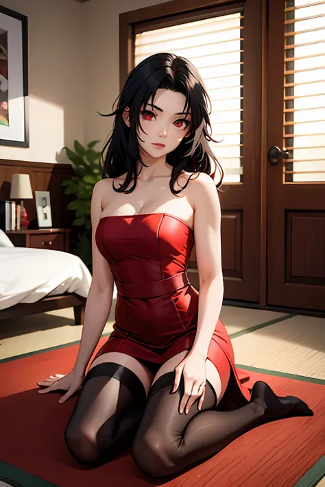 nar_kurenai_yuhi，forehead protection，bandagens，red eyes，wariza，high-definition picture quality，strapless dress，black lence stock...