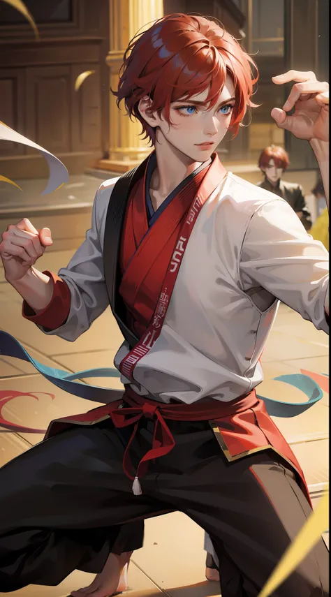 Young guy, short red hair, blue eyes, prince, martial arts, Masterpiece, hiquality