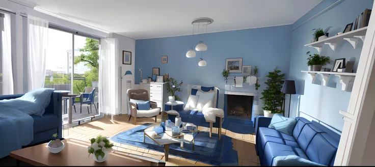 Es gibt ein Wohnzimmer mit einer blauen kaputten  Couch und einem kaputten Tisch, hell erleuchtetes blaues Zimmer, Das Wohnzimmer, Wohnung eines Kunststudenten, Bedsit, Cozy atmosphere, Alte kaputte Wohnung, in a cozy apartment, Blaues kaputtes Zimmer, Auf...