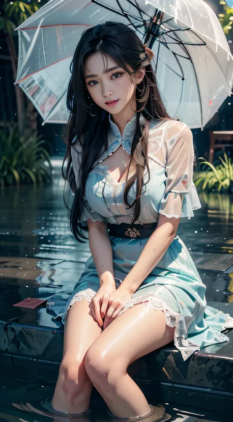 4K Ultra HD, Masterpiece, Best quality, A girl, Beautiful face, Detailed eyes, Very long hair, Impressive and attractive hair, Good looking, lovely lips, cheerfulness, with her mouth open, Rainskirt,Bring clothes and umbrellas of the same color， Dresses of...