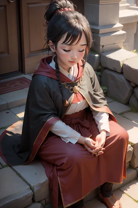 A very cute aunt，had his hands folded，Sit at the bottom of the steps，The eyes are slightly closed, the expression is idyllic, the ponytail is tied above the head, the head is wearing a cloak, and he is dressed in Tibetan clothing