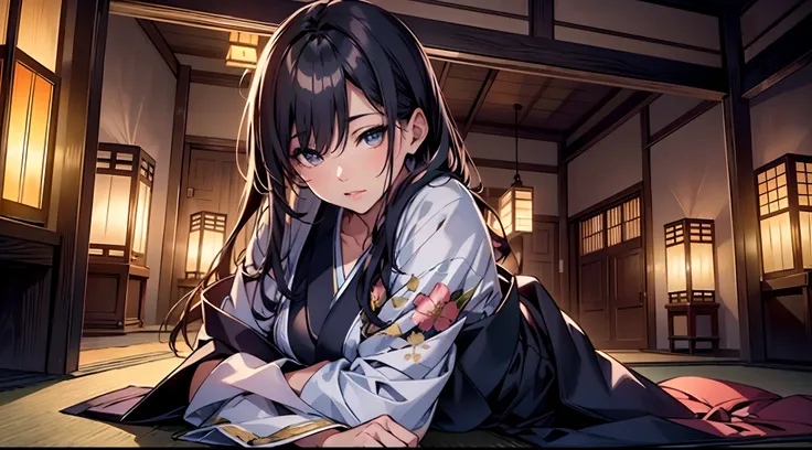 (Best quality), (masterpiece:1.3), (photorealistic:1.36), (realistic), ultra-detailed, A woman with cheekbones is relaxing in a tatami room, wearing a gorgeous and beautiful uchikake (a type of kimono) with the clouds painted on it. She has a beautiful fac...