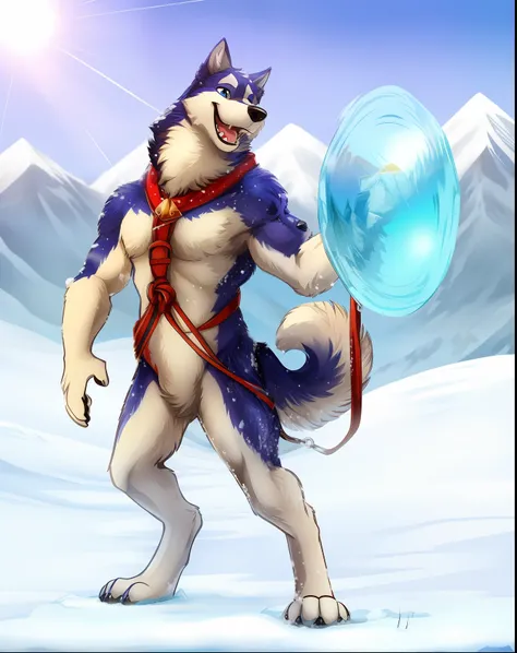 A husky，doggy，anthropomorphic wolf，Alaskan dog，Stand on the ice and snow，On the snow，Behind is the mountain，Mountains，Monte Everest，sunny clear sky，blue-sky，The body is tied with golden reins，Spinning the rope，An awkward smile，Sideways face，Cartoon style，