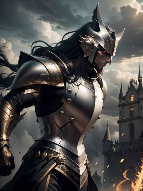 "Royal Knight", epic armor, majestic pose, regal expression, intricate details, dynamic lighting, intense battle, ancient castle backdrop, dramatic clouds, glowing sword, heroic stance.