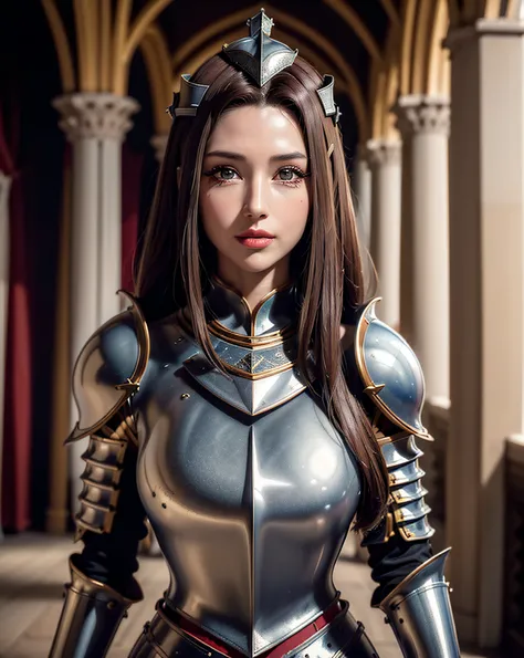 ((Best quality, 8k, Masterpiece :1.3)), (female royal knight:1.3), (1girl:1.3),  dark brown hair, ultra-detailed face, detailed lips, detailed eyes, double eyelid, (large breasts:1.3), wearing a royal knight armor, platinum armor, solo, standing the royal ...