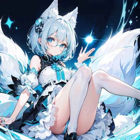 short detailed hair，Fluffy light blue，Wear a white and blue fluffy skirt，It has blue fox ears，Black extra-thick-rimmed glasses，Wearing knee-length white silk，panties visible,  This is a cute loli girl