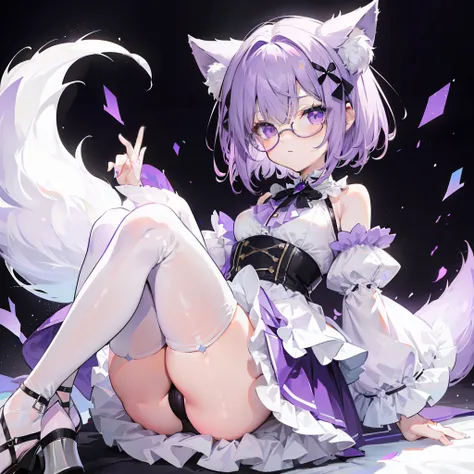 short detailed hair，Fluffy light purple，Wear a white and purple fluffy skirt，It has purple fox ears，Black extra-thick-rimmed glasses，Wearing knee-length white silk，panties visible,  This is a cute loli girl