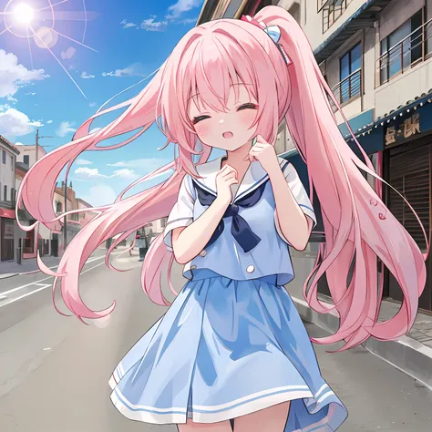 absurderes, hight resolution, (Anime style:1.1), ((masutepiece)), ((Best Quality)), (Ultra-detailed), (Beautiful), 独奏, Beautiful face, (Cowgirl Shot:1.2)、(liftup),Cute little girl standing on the street in Mediterranean port city,Wind,Light pink hair, Blue...