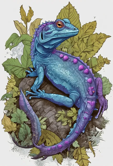 Illustration of a horned purple lizard in jungle with leaves and water, in an alien environment Highly detailed illustration, beautiful detailed illustration, full-colour illustration, realistic illustration, wildlife illustration, arte vetorial altamente ...