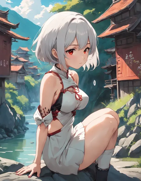 Detailed portrait of Japan girl, Skinny Girl, pear-shaped body, Red and black, Old anime style, (anime big breast), (Teen Girl:1.2), Ghibli style, boobgasm, (The tattoo:1.2), No shoulder strap, Shirt collar, Kneeling, looking at away, By the river, flat-co...