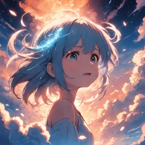 masterpiece, best quality, movie still, 1girl, cloud girl, floating in the sky, close-up, bright, happy, warm soft lighting, sunset, (sparks:0.7)