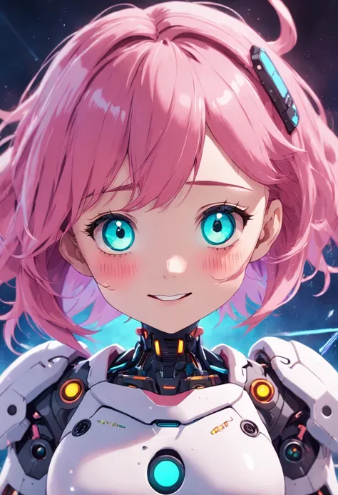 a robotic fantasy girl with robotic face, pink hair style, wearing a white t shirt, happy face and little smile with blue lips, big green eyes, simple purple background, make it for NFT market