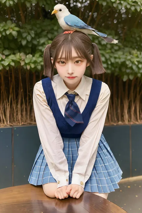 There is a girl sitting at a table with a bird on her shoulder, Seifuku, still from live action movie, girl wearing school uniform, japanese live action movie, Japan school uniform, wearing japanese school uniform, portrait of a japanese teen, japanese gir...