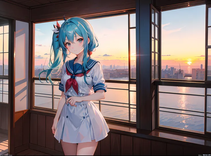 Best anime 4k konachan wallpapers，An anime girl stands quietly in front of the window，Stunning views of the city through the windows。Beautiful anime artwork，She is enjoying the sunset view under the setting sun。The soft lighting creates the effect of anime...