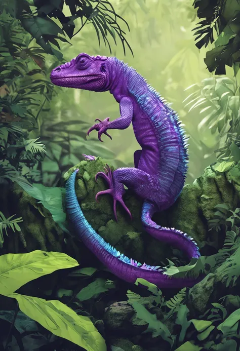 Illustration of a purple lizard with horns, in the jungle with leaves and water, Highly detailed illustration, beautiful detailed illustration, full-colour illustration, realistic illustration, wildlife illustration, arte vetorial altamente detalhada, deta...