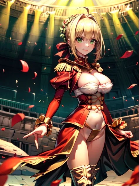 masterpiece, best quality,1girl, blonde hair, green eyes,large breasts, Default, NeroOriginalOutfit,head wreath, standing, smile , rome, colosseum, rose petals, cowboy shot,sunlight