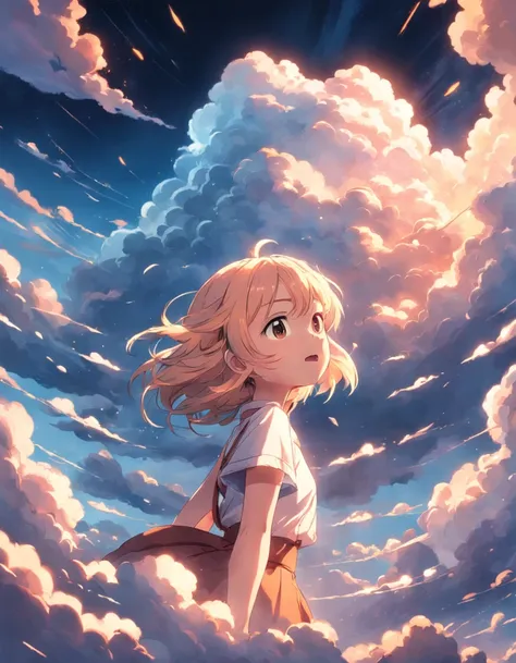 masterpiece, best quality, movie still, 1girl, cloud girl, floating in the sky, close-up, bright, happy, warm soft lighting, sunset, (sparks:0.7)