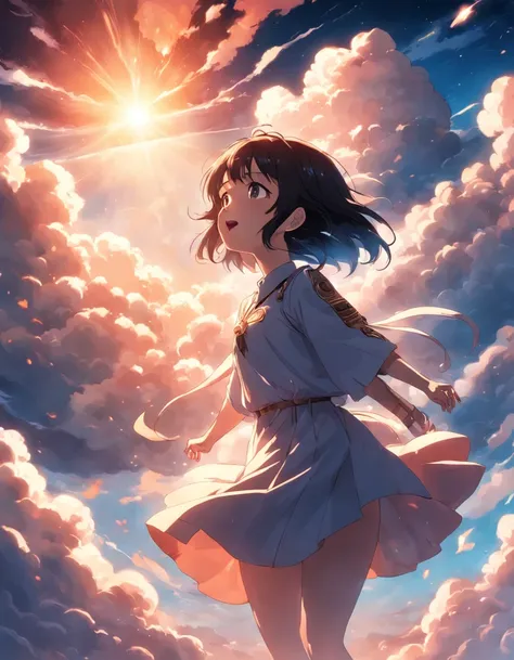 masterpiece, best quality, movie still, 1girl, cloud girl, floating in the sky, close-up, bright, happy, warm soft lighting, sunset, (sparks:0.7)