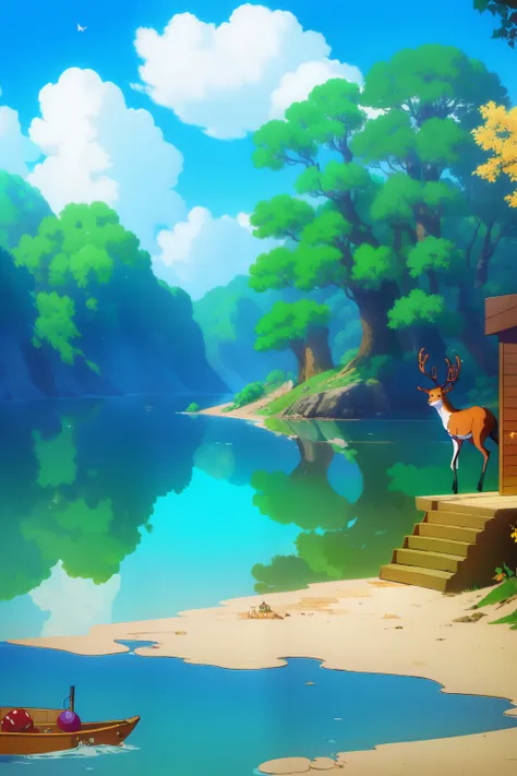 "(((tmasterpiece))), Meho Qualida, illustration, beautiful detailed brightness, The deer stand on the shore，Drink water, tree,lakeside，In the daytime，suns，the Sun Shining，butterflys，blossoms，Squirrel drinking water，Other small animals drink water on the sh...