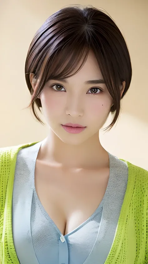 女の子1人、Beauty of ordinary body type、medium short hair、B Cup、cardigan:1.1、hyperdetailed face、A detailed eye、二重まぶた、mole