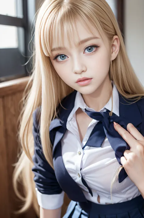 portlate、((School Uniforms:1.5))、bright expression、poneyTail、Young shiny shiny white shiny skin、Best Looks、Blonde reflected light、Platinum blonde hair with dazzling highlights、shiny light hair,、Super long silky straight hair、Beautiful bangs that shine、Glow...