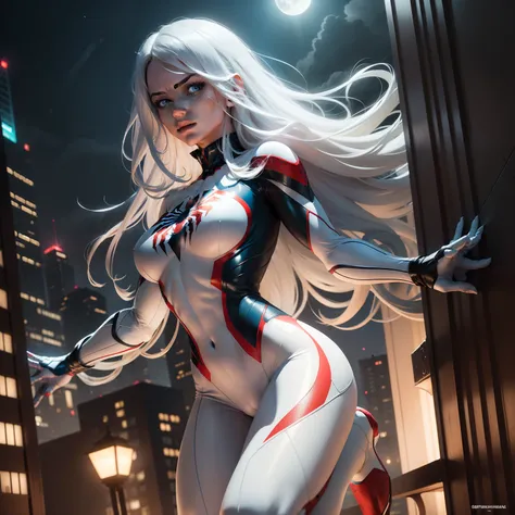 (Masterpiece, 4k resolution, ultra-realistic, very detailed), (White superhero theme, charismatic, theres a girl on top of town, wearing Spider-Man costume, shes a superhero), [ ((25 years), (long white hair:1.2), full body, (blue eyes:1.2), ((Spider-Man p...