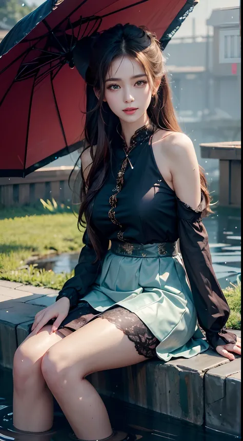 4K Ultra HD, Masterpiece, Best quality, A girl, Beautiful face, Detailed eyes, Very long hair, Impressive and attractive hair, Good looking, lovely lips, cheerfulness, with her mouth open, Rainskirt,Bring clothes of the same color and an umbrella， Dresses ...