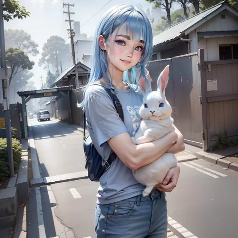 On the way from school，The school gate is at the top of an uphill road，The man wears a blue T-shirt on his upper body，Wear denim wide-leg pants underneath，Holding a small white rabbit in his arms，Smile back。