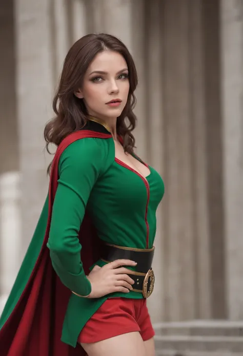 a sexy beautiful superheroine, has brown hair, green eyes, green leotard with a black outer rim, the leotard has an opening on the chest area,. Red cape, red belt with a golden medal in the center, wears high knee boots that are black on the top and green ...