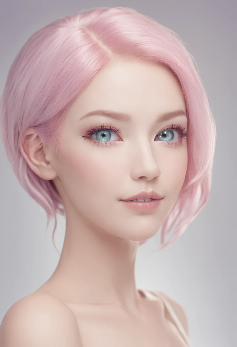 a robotic fantasy girl with robotic face, pink hair style, wearing a white t shirt, happy face and little smile with shining blue color lips, big green eyes, simple purple background, make it for NFT market