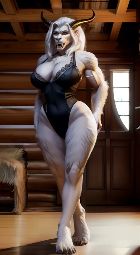 anthropomorphic, woman, monster woman hybrid, Yeti, Sexy Black Lace High Cut Leotard, Busty, Muscular Body, thicc, fierce, Sharp Teeth, Saber Fangs, hourglass body, white hair, sexy, beautiful, savage, Long Claws, Photograph, White Fur All Over the Body, s...