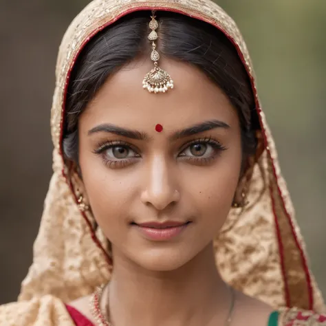 "1 young Indian woman with a cute and radiant face, featuring exquisitely detailed eyes, expressing a mix of shyness and joy, dressed in vibrant traditional Indian attire. She has a slim figure and medium-sized breasts. Generate an 8k image."