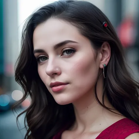 Full face portrait photo of a 25-year-old European girl, primitive, Beautiful woman, semi-open strawberry lips, dimple, wistful look, (extra long wavy brown hair), ((Detailed face)), ((Detailed facial features)), (Fine fine skin), Pale skin, (Detailing dee...