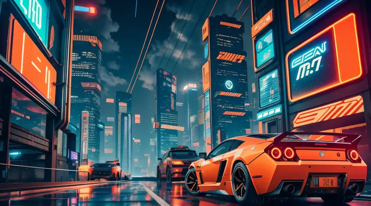 Realistic cyberpunk cityscape at night, Orange is the main color, Blue and red details, dark night sky, Realistic neon lights and reflections, Light rain atmosphere, Cyberpunk cars on the road, Ultra detailed, Best quality, No Man, No Man, skylines