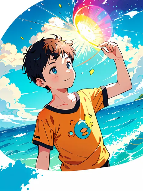 Making of Illustration Poster, Flat illustration, Colorful, Highly saturated, Contour light, warm and bright, Colorful, HD 8K, colored light particles, Heterochromatic, Male child, Upper body, Clear face, By the sea, Blue sky, white clouds, (Color: 1.5) , ...