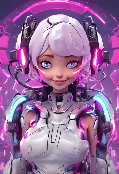 a robotic fantasy girl with robotic face, pink hair style, wearing a white t shirt, happy face and little smile with shining blue color lips, big green eyes, simple purple background, make it for NFT market