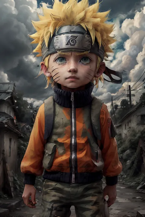 chibinaruto, 1boy, blonde hair, male focus, soil, sky, green eyes, cloud, day, whiskers marks, dark forest, male child, jacket, ...