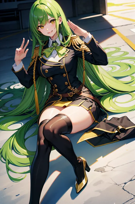 masterpiece, best quality, large breasts, long hair, green hair, school uniform, high heels, black kneehighs, yellow eyes, salute, grin,