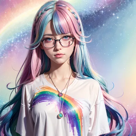 (masterpiece, highest quality, highest quality, watercolor art (pendant), official art, beautiful and aesthetic, (1.2), (1 girl: 1.3), (fractal art: 1.3), full body, star-shaped pupil, , pattern, ((iridescent hair, colorful hair, half blue and half pink ha...