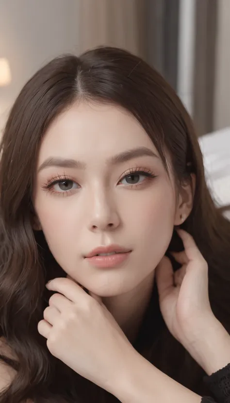 She wears black luxury lingerie and black knee-high socks. She is lying on her back. Filming location is a bed in a luxury house. Her legs are wide open. Colored eyeliner and beige eyeshadow complement the eye area. Her eyelashes are long、Her gaze is sligh...