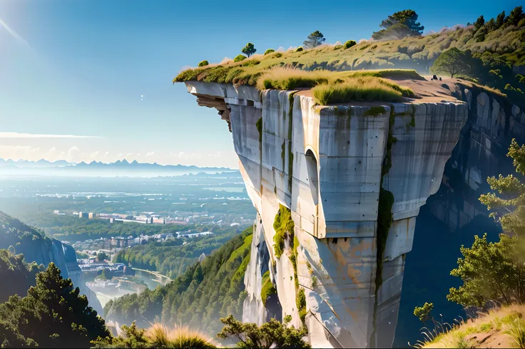 A towering cliff edge，At the very bottom of the cliff is a bustling city，There are also many huge rocks suspended around the cliffs，dream magical，Soft，high high quality，The stars shine，ultra-wide-angle，Cancer，fantasy，SENSE OF CINEMA，high detal，ultra-realis...