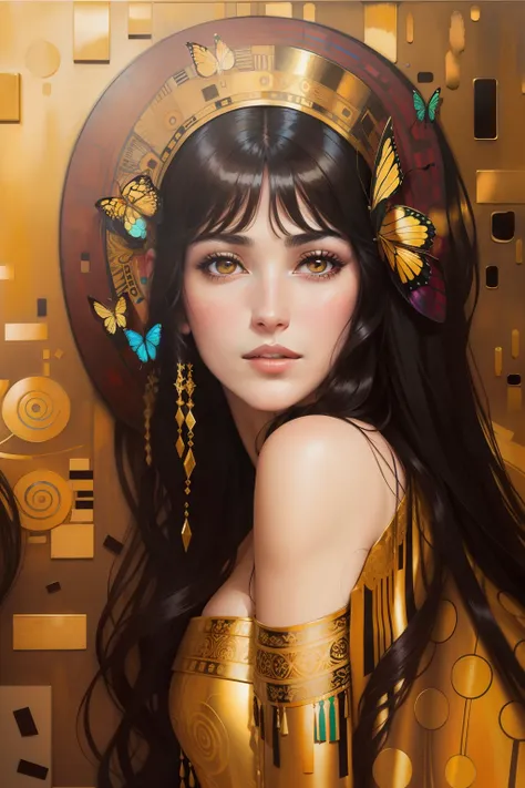 Gustav Klimt painted his new famous artwork of Monica Bellucci (with straight hair) and her beautiful sister, she is very beautiful, the background is colorful with gold intricately detailed colorful single butterfly - watercolor art