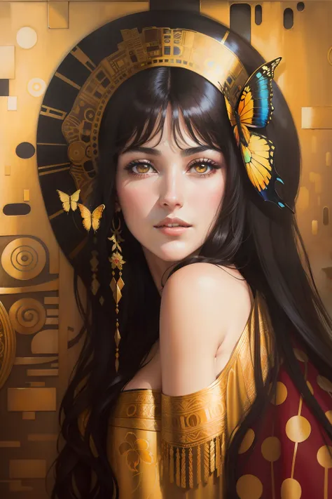 Gustav Klimt painted his new famous artwork of Monica Bellucci (with straight hair) and her beautiful sister, she is very beautiful, the background is colorful with gold intricately detailed colorful single butterfly - watercolor art