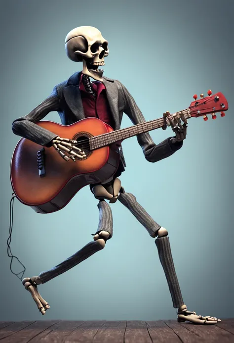 a dancing skeleton with big smile, black fingers, playing a guitar, gray simple background,