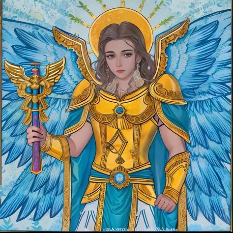 pintura de uma mulher com uma espada e asas segurando um cajado, Arcanjo Miguel, arcanjo, saint michael the angel, angel in plastic armor, inspirado em Philipp Veit, inspirado no Aquirax Uno, inspired by Angel Botello, Armadura Dourada Angelical, Serafim, ...