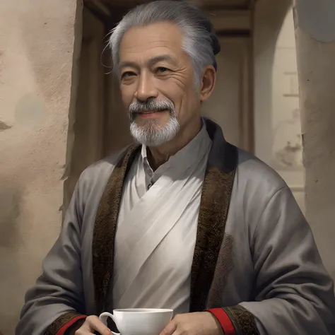 A gray-haired twilight old man，A kind smile，With a beard，Teacup in hand，asian man，realisticlying，Ancient general hairstyle，Ancient literati，Face the lens，Three View，orthofacial，Front view，photorealestic，National style virtual human，Smooth skin