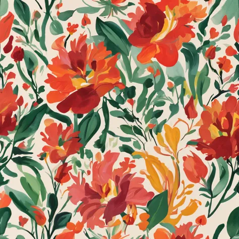 Flat style illustration，Abstract works of art，Floral pattern with red flowers and green leaves, Watercolors inspired by Emily Murray Patterson,  Art Nouveau, floral patterns, floral wallpaper, floral motives, Fondo pintado floral, flowery wallpaper, floral...