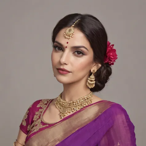 "Hollywood actresses gracefully adorned in vibrant traditional Indian violet sarees"