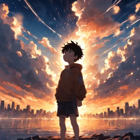 tmasterpiece, best qualityer, cinematic Film still from, 1boy, Boys City, floating into the sky, Close-up, brightly, cheerfulness, Soft lighting and warmth, Sun sunset, (spark of light: 0,7)