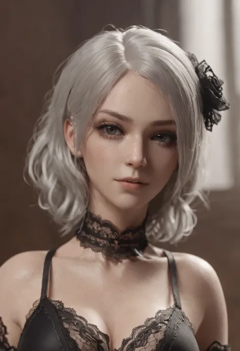 there is a woman in a black lingerie laying on a bed, a 3D render by Shitao, Trend of CGsociety, massurrealism, 2b, 2 b, 2 b from nier automata, 2b from nier automata, 2b NIER automata, leather stockings, Fine details. Girl Front, Neil 2 B, thigh close-up